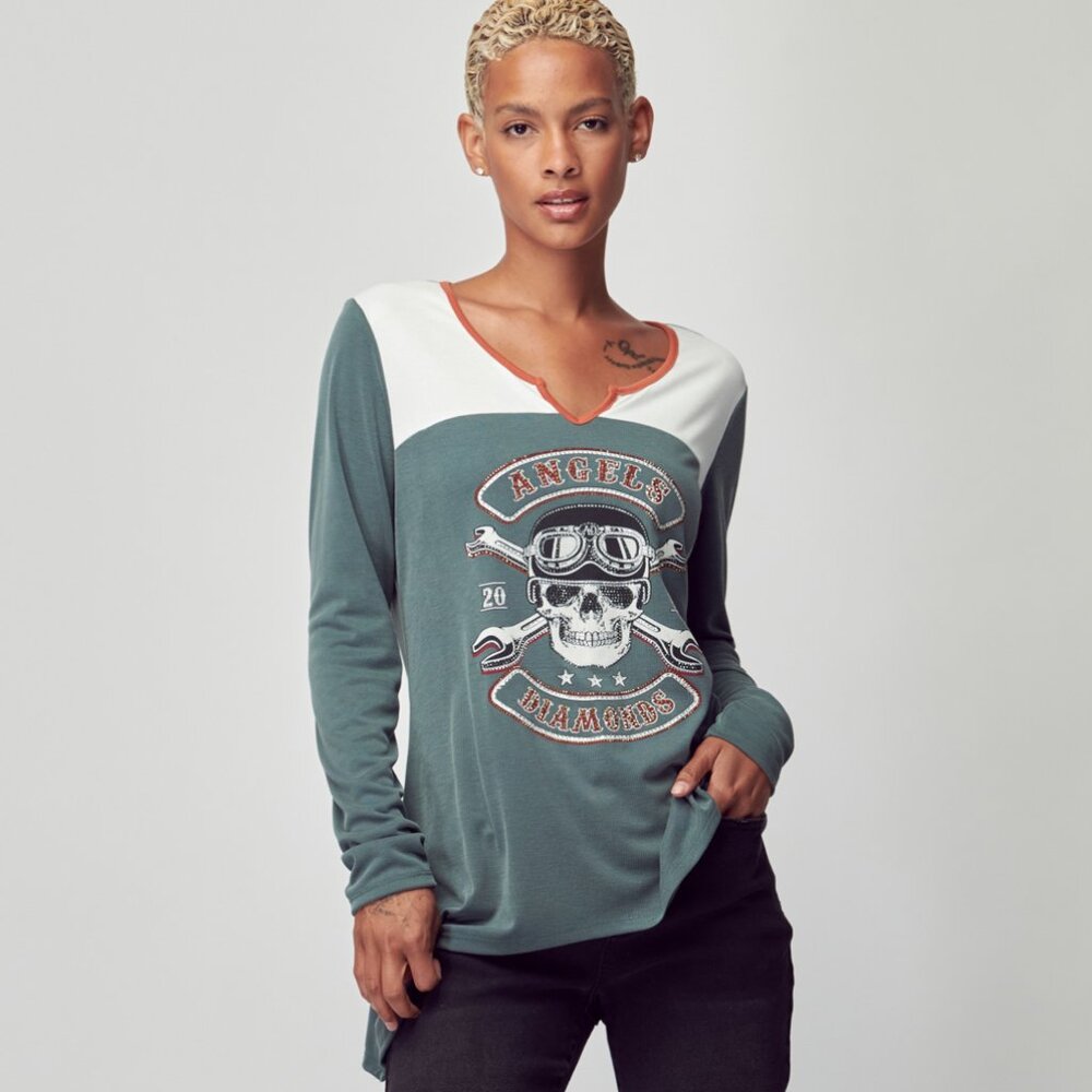 Women's Vintage Skull Bling Angels & Diamonds Long Sleeve Detail Top